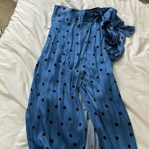New satin effect blue and black polka dot wrap skirt